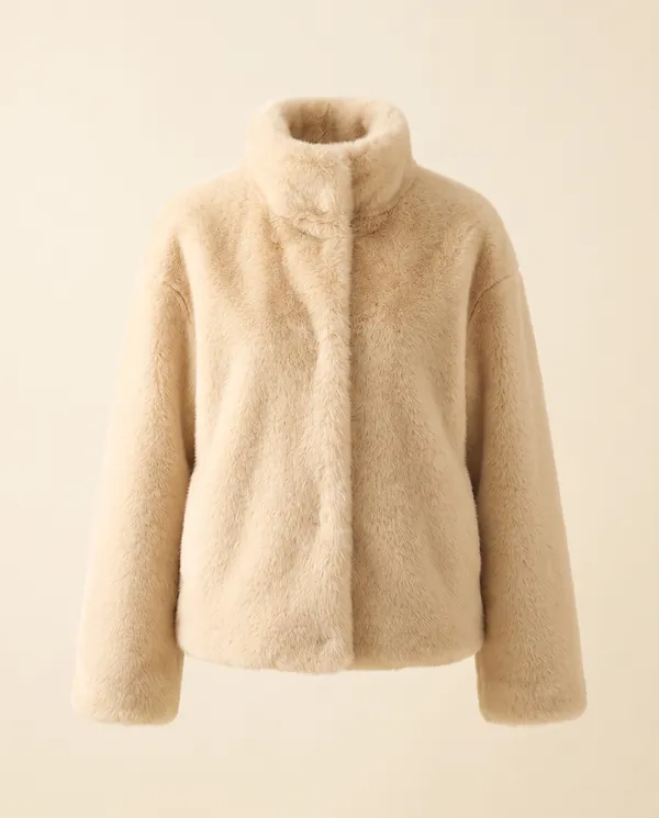 Cream Faux Fur Stand-Collar Jacket in Cream, product shot on a plain background