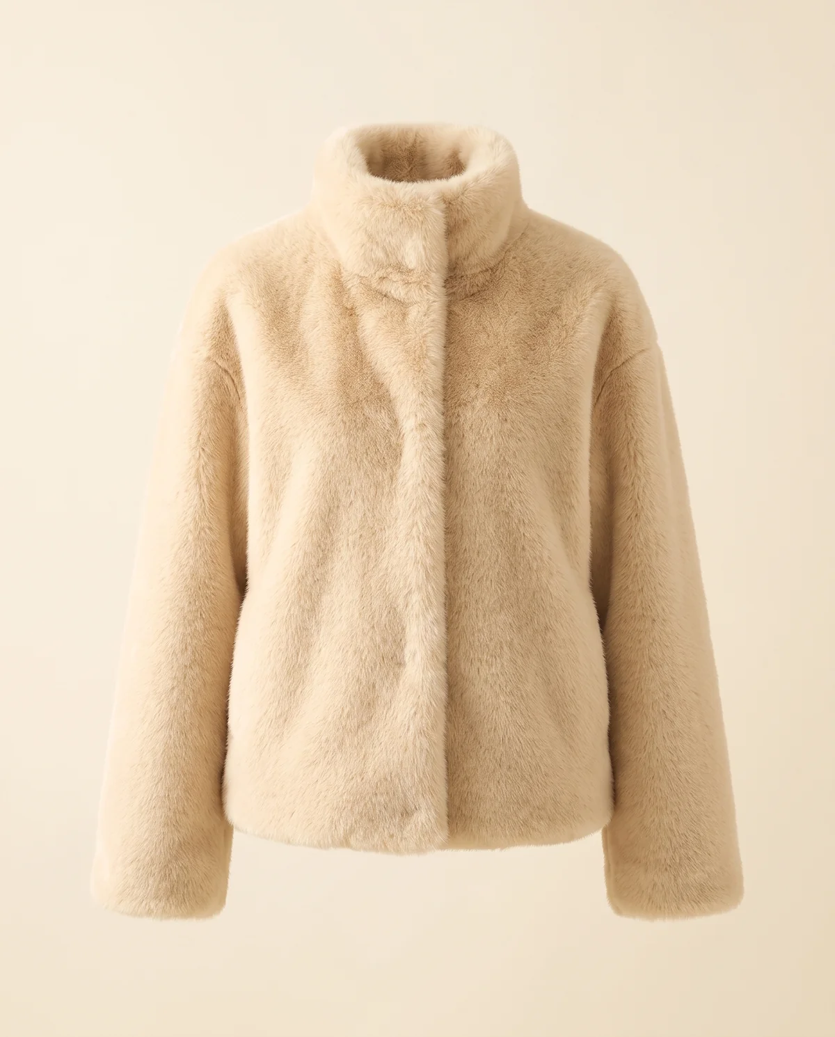 Cream Faux Fur Stand-Collar Jacket in Cream, product shot on a plain background
