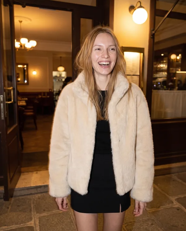 Satin Eve styling: Cream Faux Fur Stand-Collar Jacket