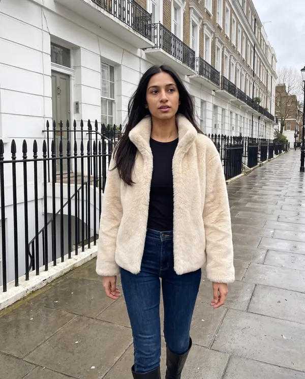 Satin Eve styling: Cream Faux Fur Stand-Collar Jacket