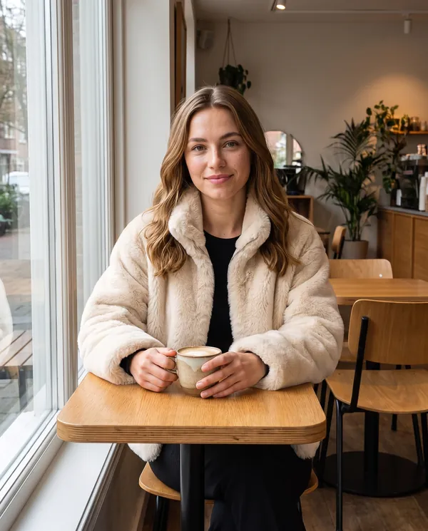 Satin Eve styling: Cream Faux Fur Stand-Collar Jacket