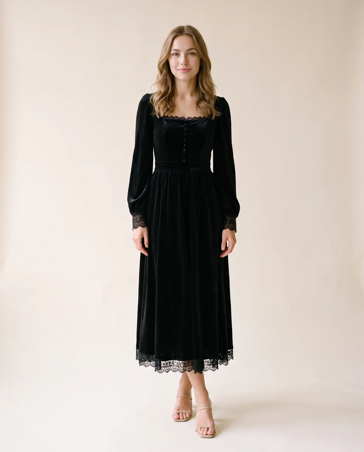 Velvet Square-Neck Lace-Hem Midi Dress in Black, front view, worn by Ava