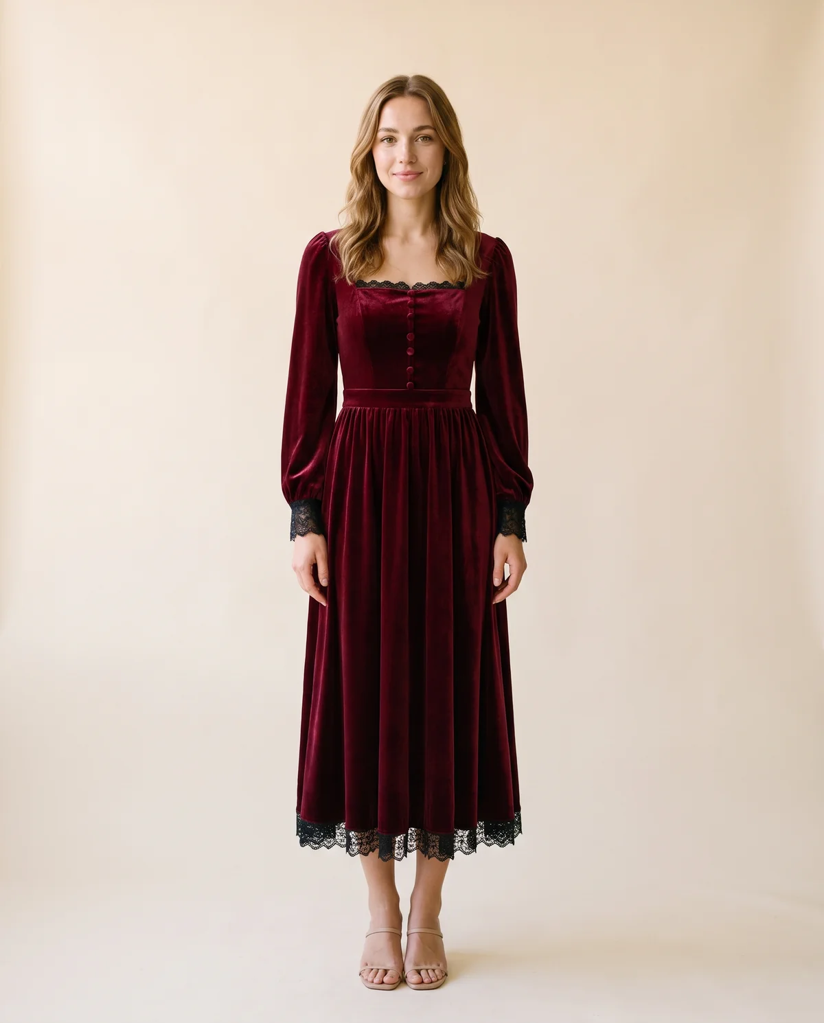 Velvet Square-Neck Lace-Hem Midi Dress in Wine, front view, worn by Ava