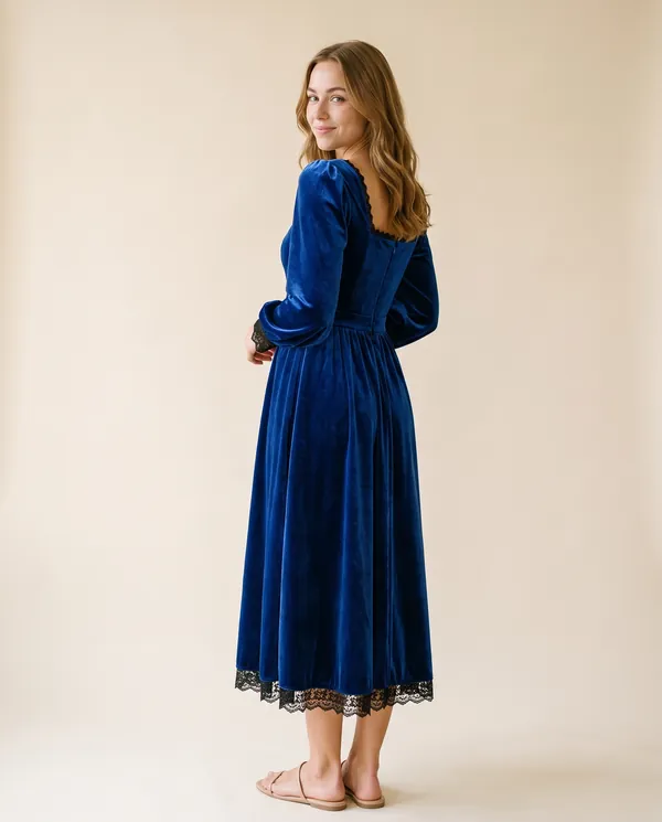 Velvet Square-Neck Lace-Hem Midi Dress in Royal Blue, back view, worn by Ava