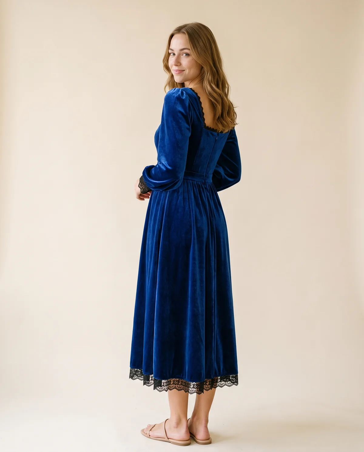 Velvet Square-Neck Lace-Hem Midi Dress in Royal Blue, back view, worn by Ava