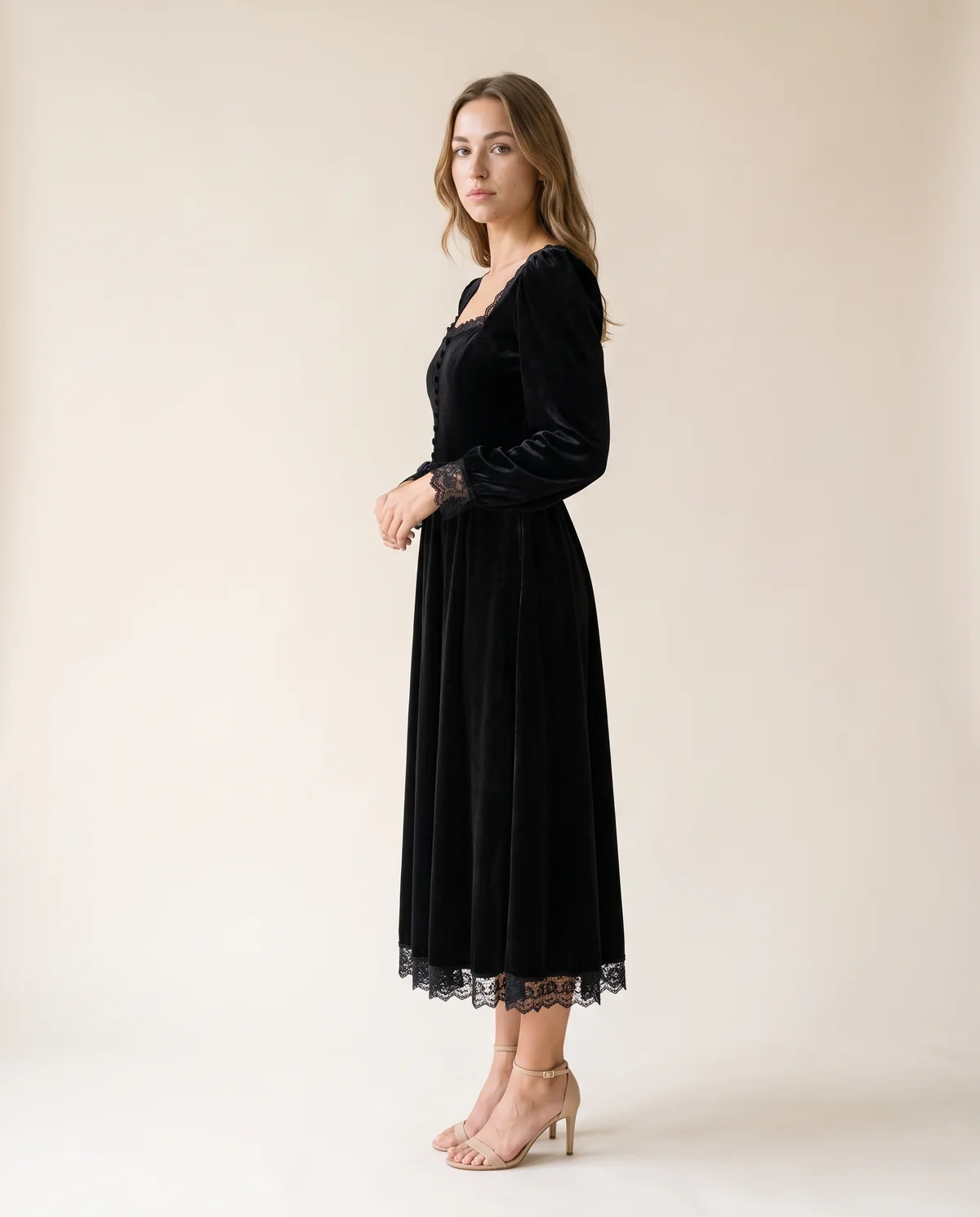 Velvet Square-Neck Lace-Hem Midi Dress in Black, side view, worn by Ava