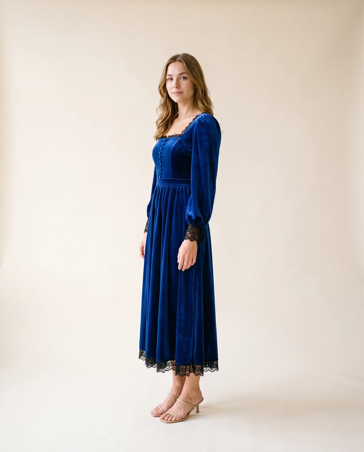 Velvet Square-Neck Lace-Hem Midi Dress in Royal Blue, side view, worn by Ava