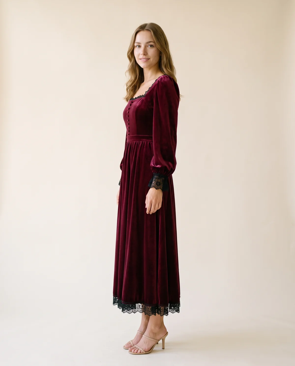 Velvet Square-Neck Lace-Hem Midi Dress in Wine, side view, worn by Ava