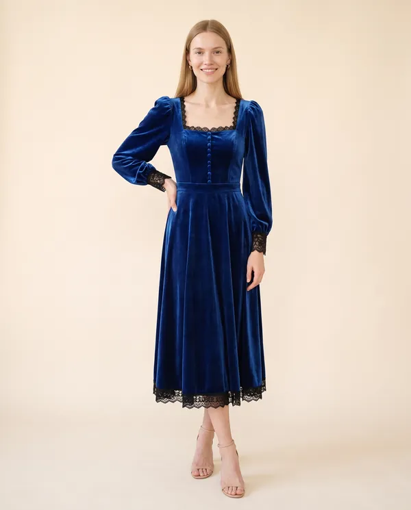 Velvet Square-Neck Lace-Hem Midi Dress in Royal Blue, front view, worn by Maya
