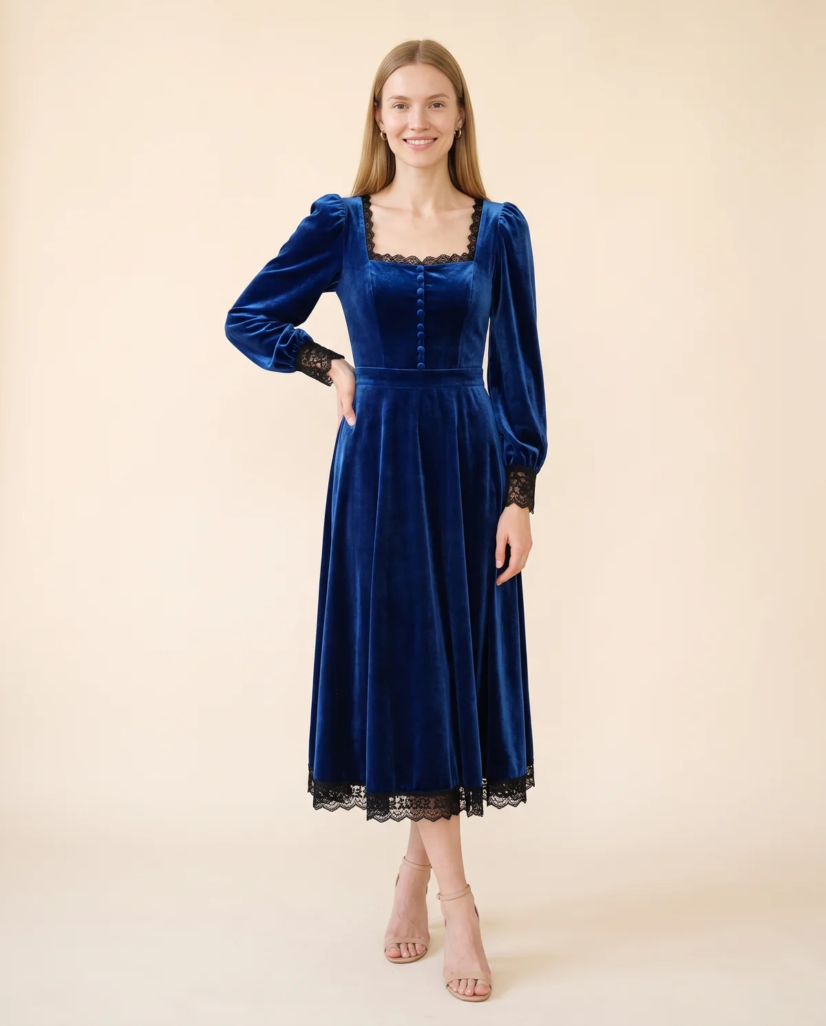 Velvet Square-Neck Lace-Hem Midi Dress in Royal Blue, front view, worn by Maya