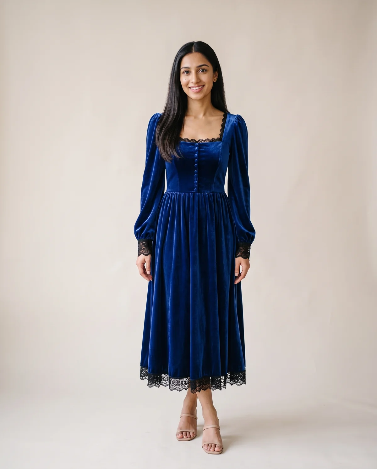 Velvet Square-Neck Lace-Hem Midi Dress in Royal Blue, front view, worn by Priya