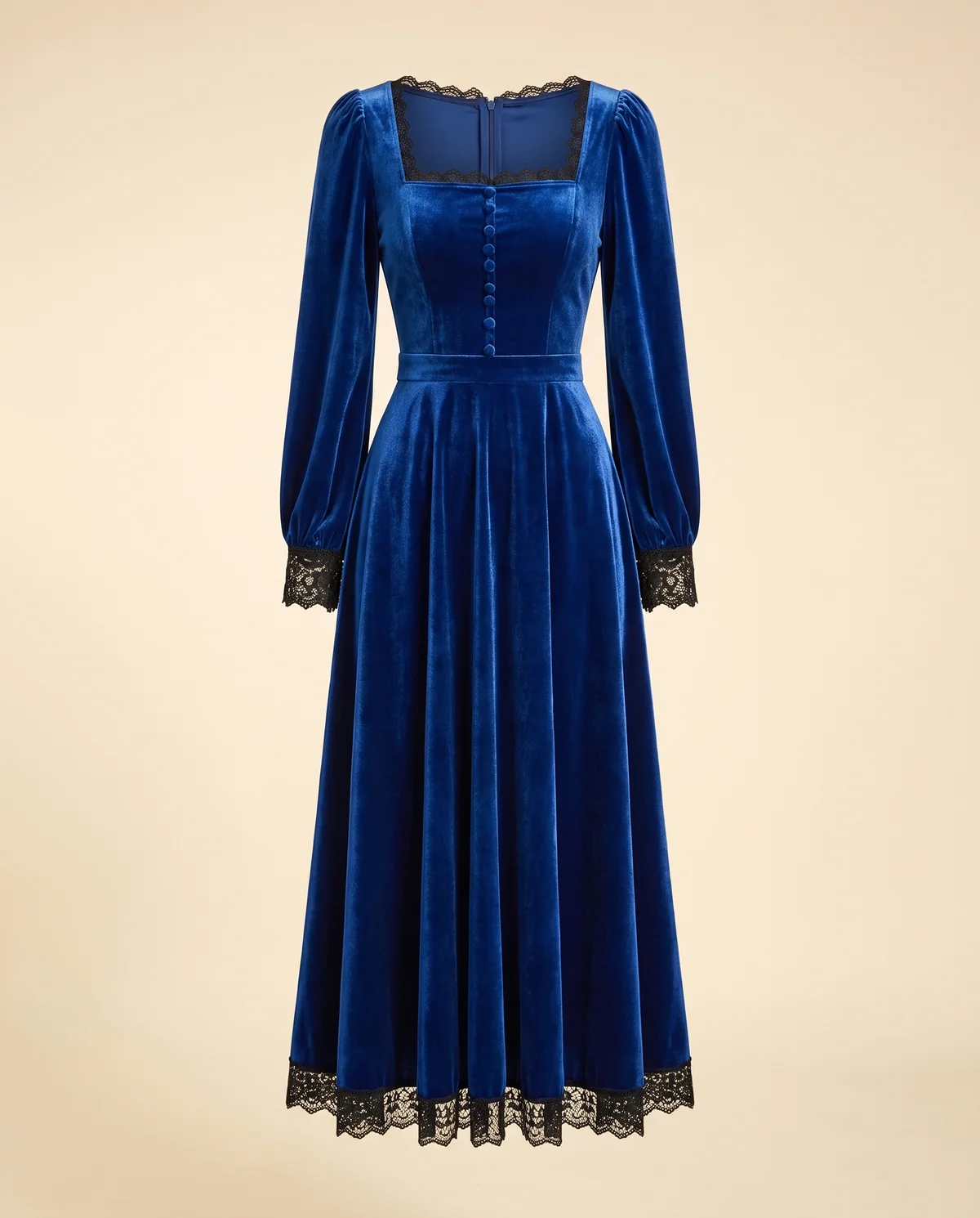Velvet Square-Neck Lace-Hem Midi Dress in Royal Blue, product shot on a plain background
