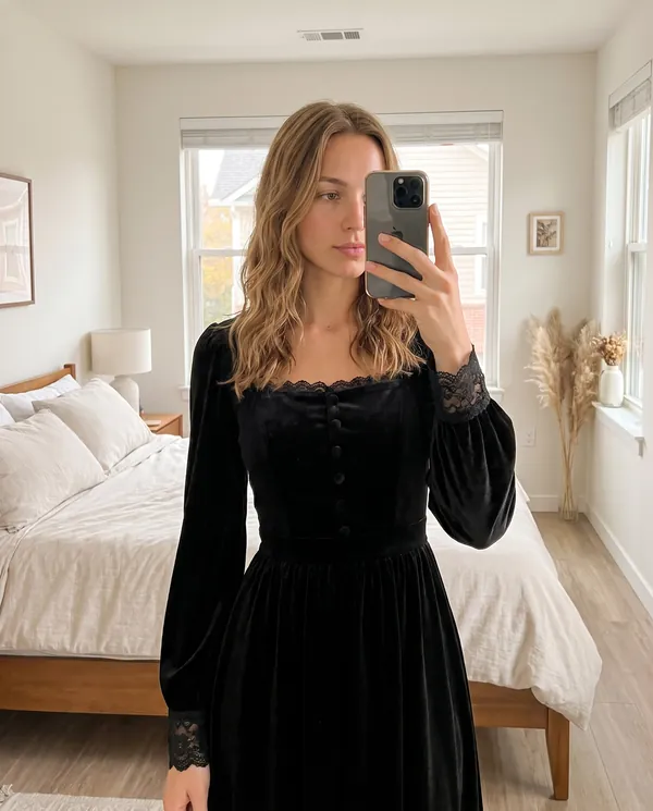 Satin Eve styling: Velvet Square-Neck Lace-Hem Midi Dress
