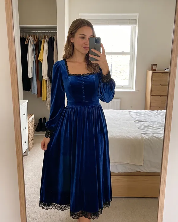 Satin Eve styling: Velvet Square-Neck Lace-Hem Midi Dress