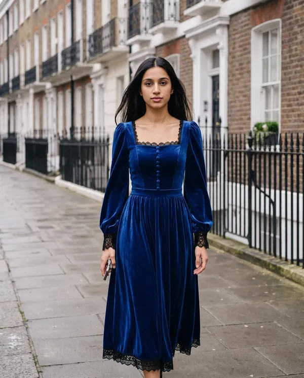 Satin Eve styling: Velvet Square-Neck Lace-Hem Midi Dress