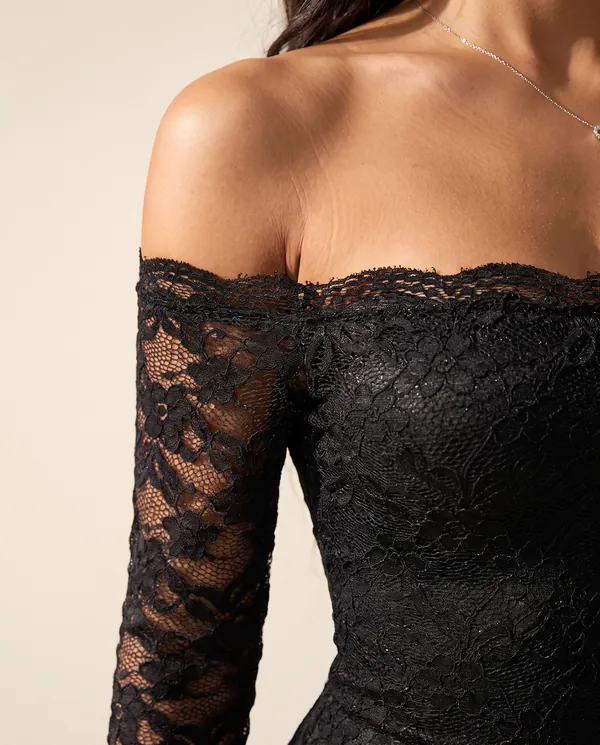 Lace Off-Shoulder Long-Sleeve Mini Dress in Black, close-up of the detail