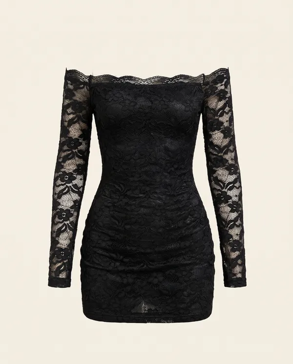 Lace Off-Shoulder Long-Sleeve Mini Dress in Black, product shot on a plain background