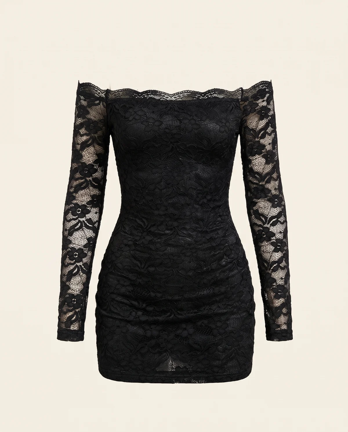 Lace Off-Shoulder Long-Sleeve Mini Dress in Black, product shot on a plain background