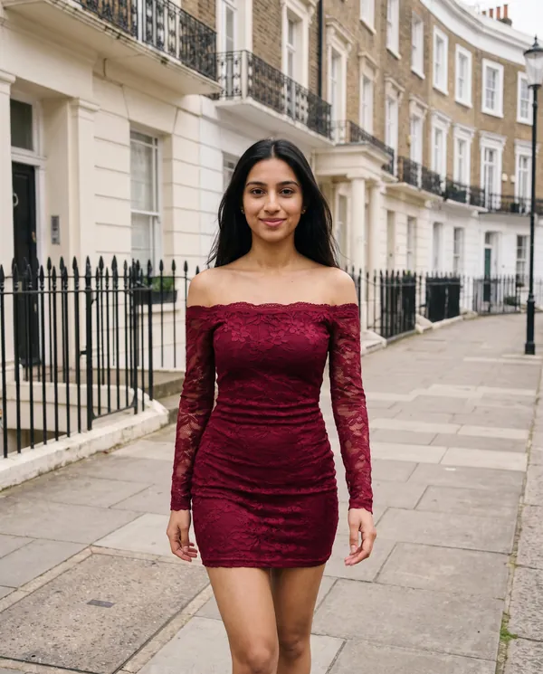 Satin Eve styling: Lace Off-Shoulder Long-Sleeve Mini Dress