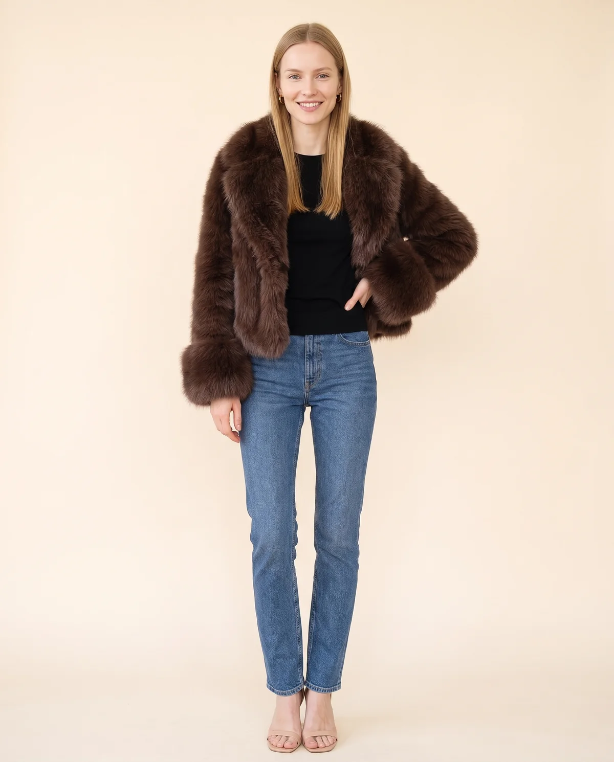 Chocolate Faux Fur Jacket in Chocolate, front view, worn by Maya