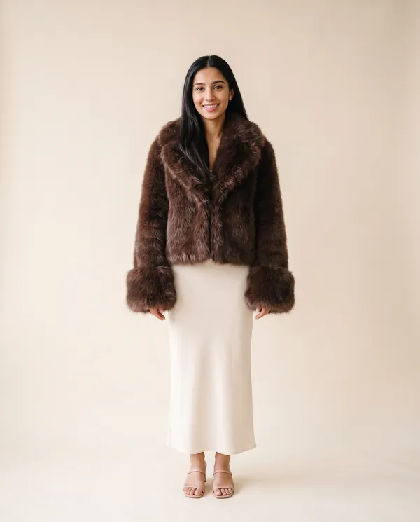 Chocolate Faux Fur Jacket in Chocolate, front view, worn by Priya