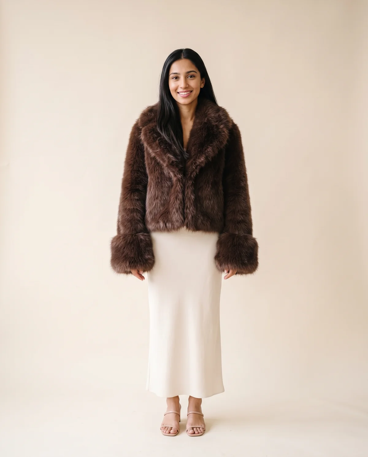 Chocolate Faux Fur Jacket in Chocolate, front view, worn by Priya