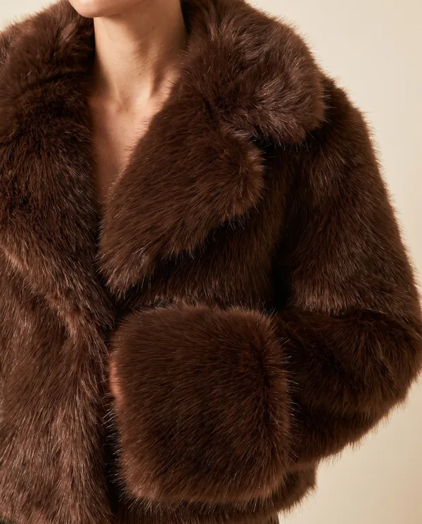 Chocolate Faux Fur Jacket in Chocolate, close-up of the detail