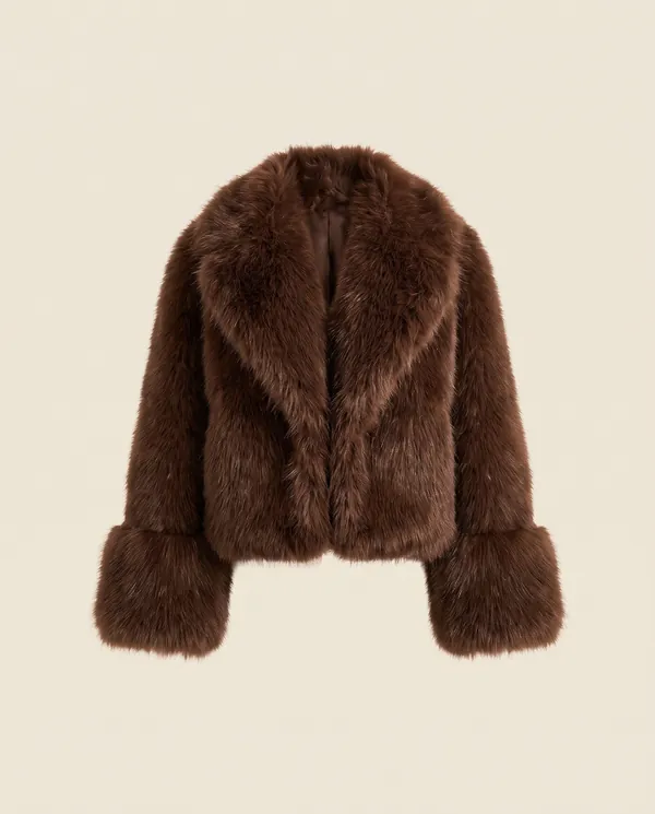 Chocolate Faux Fur Jacket in Chocolate, product shot on a plain background