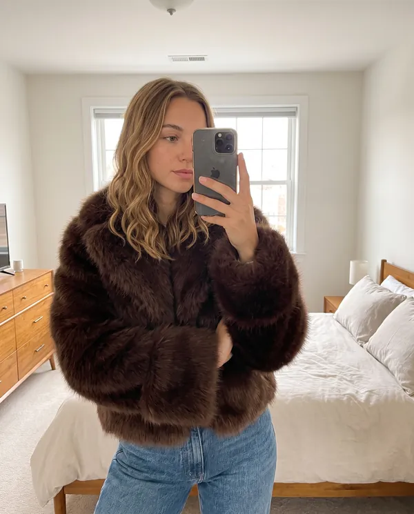 Satin Eve styling: Chocolate Faux Fur Jacket
