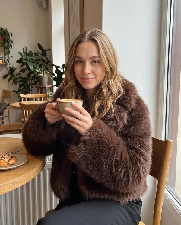 Satin Eve styling: Chocolate Faux Fur Jacket