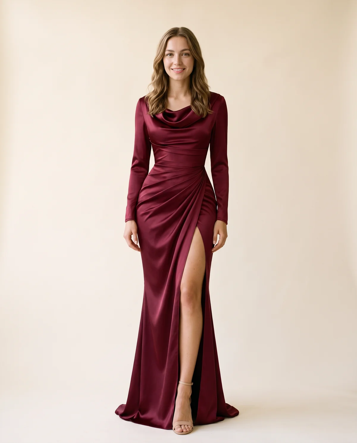 Satin Cowl-Neck Long-Sleeve Maxi Dress in Wine, front view, worn by Ava