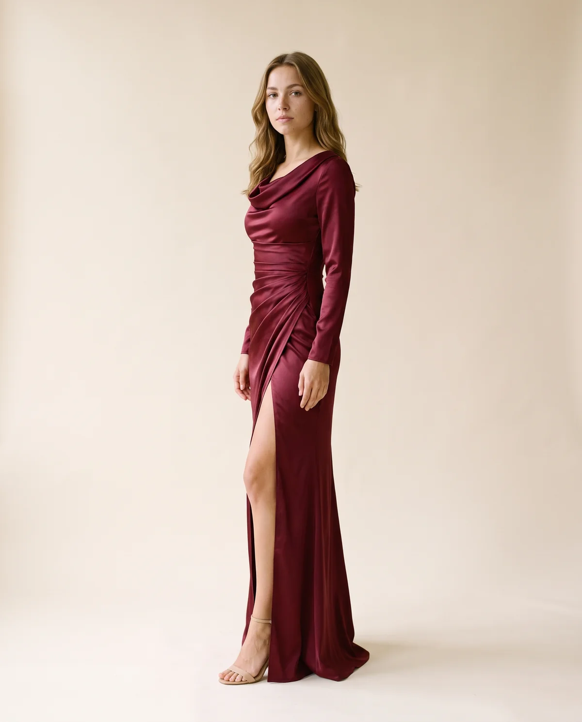 Satin Cowl-Neck Long-Sleeve Maxi Dress in Wine, side view, worn by Ava