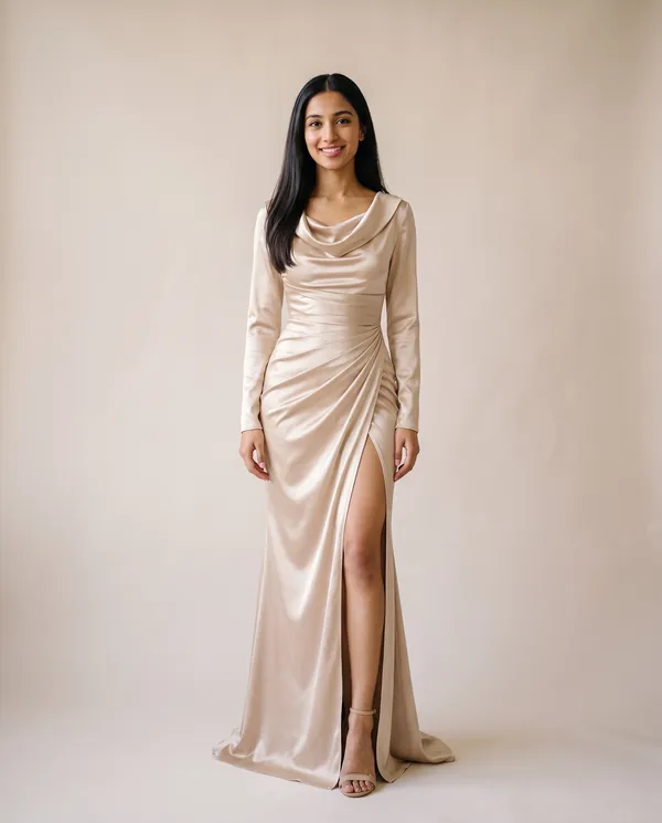 Satin Cowl-Neck Long-Sleeve Maxi Dress in Champagne, front view, worn by Priya