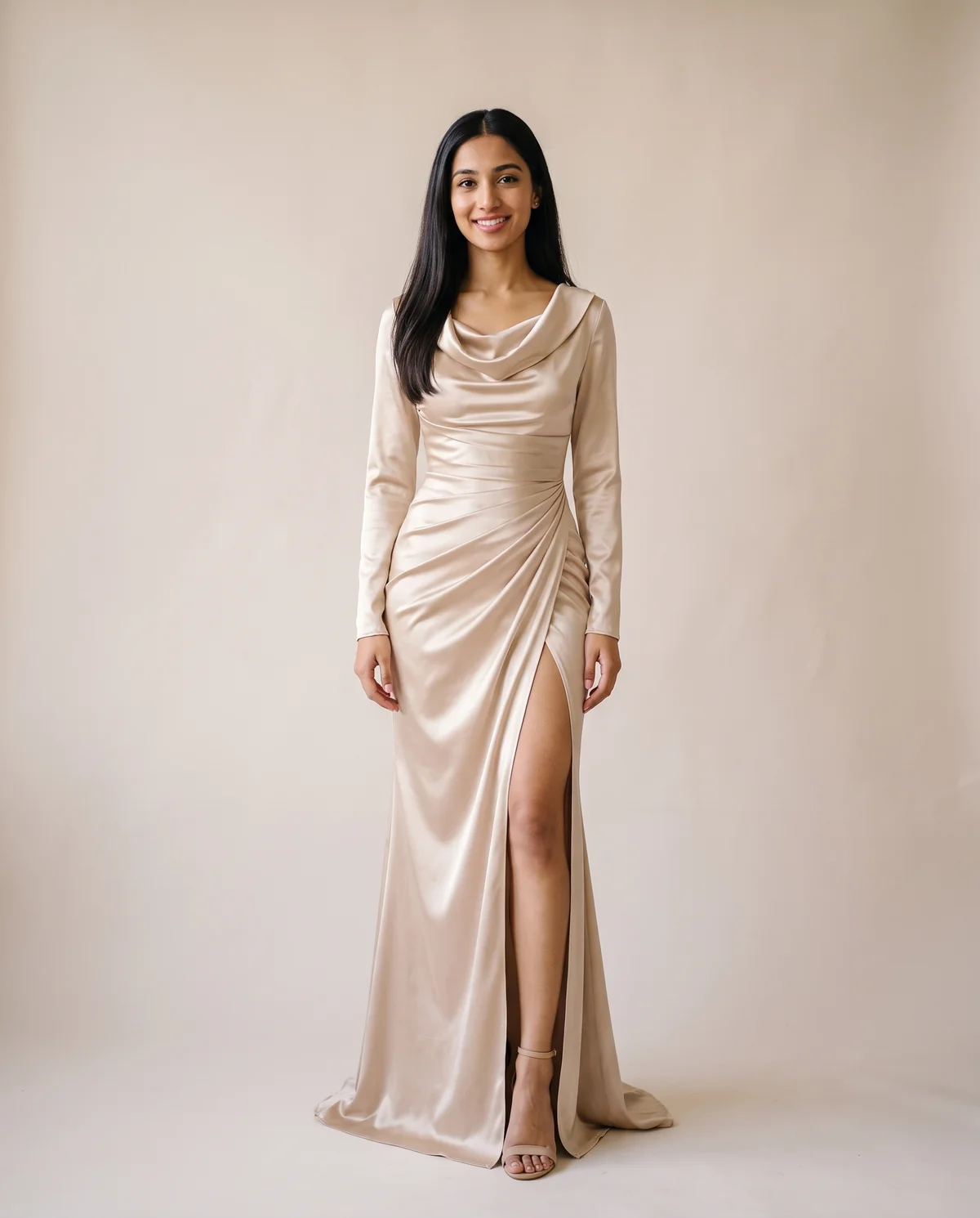 Satin Cowl-Neck Long-Sleeve Maxi Dress in Champagne, front view, worn by Priya