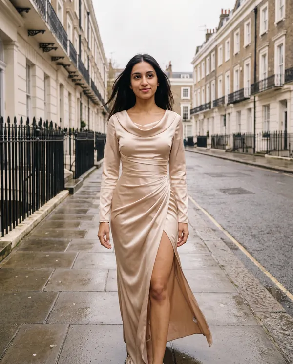 Satin Eve styling: Satin Cowl-Neck Long-Sleeve Maxi Dress