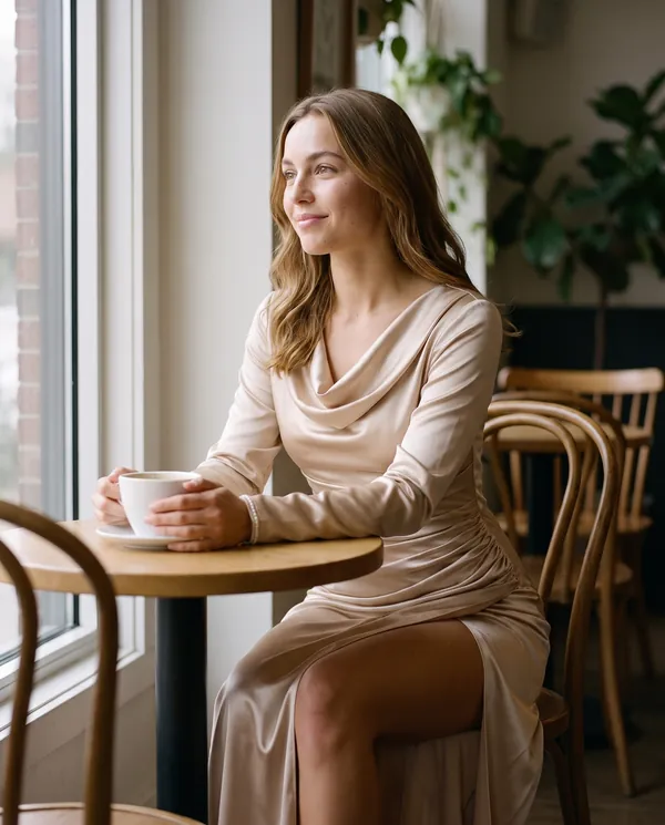 Satin Eve styling: Satin Cowl-Neck Long-Sleeve Maxi Dress