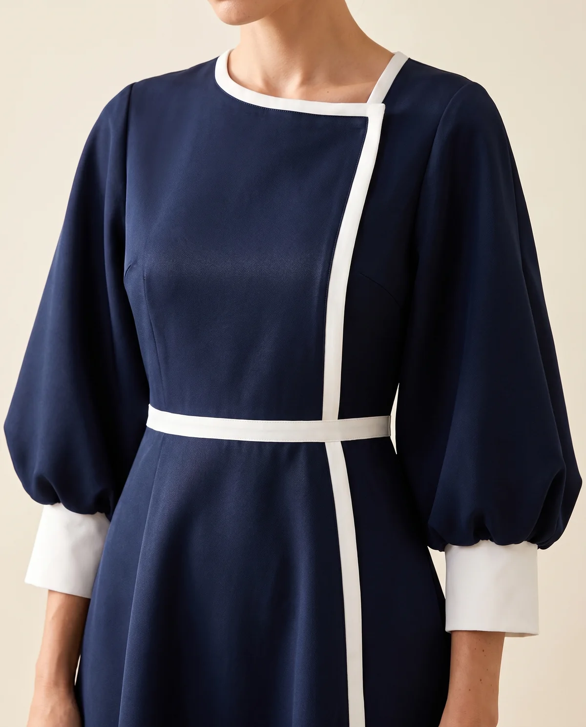 Contrast-Trim Fit-and-Flare Midi Dress in Navy, close-up of the detail