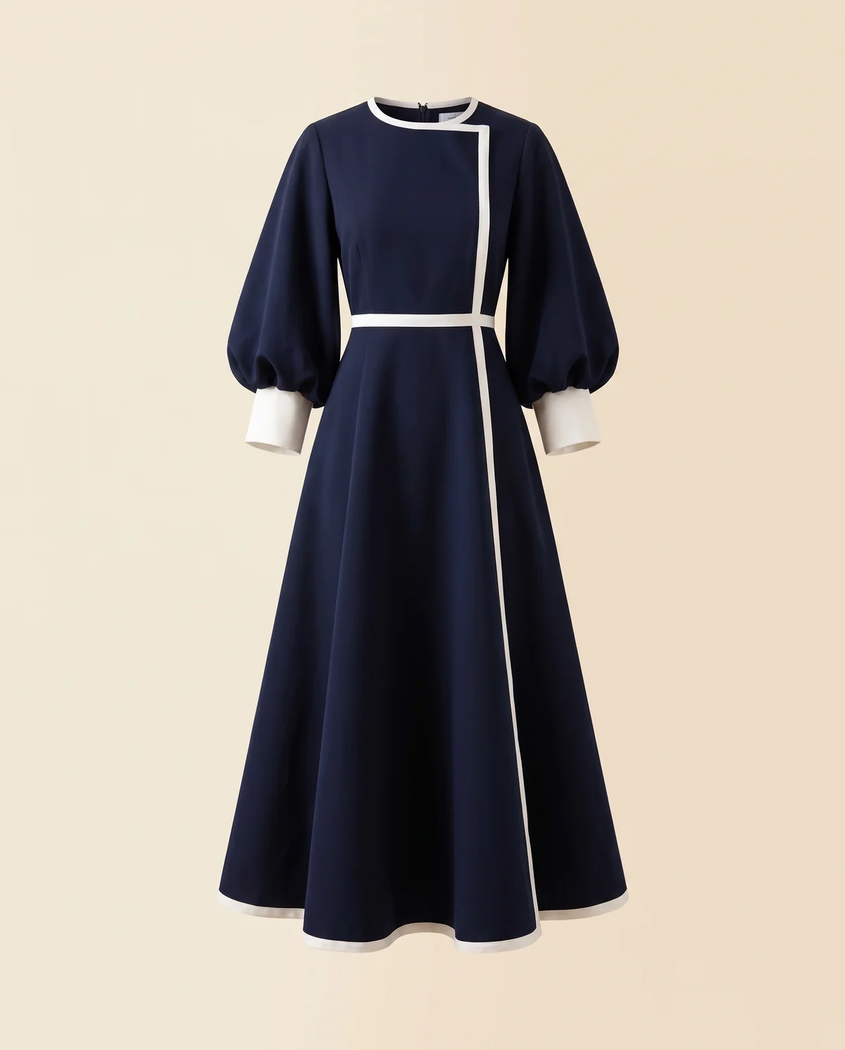 Contrast-Trim Fit-and-Flare Midi Dress in Navy, product shot on a plain background