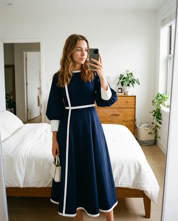Satin Eve styling: Contrast-Trim Fit-and-Flare Midi Dress