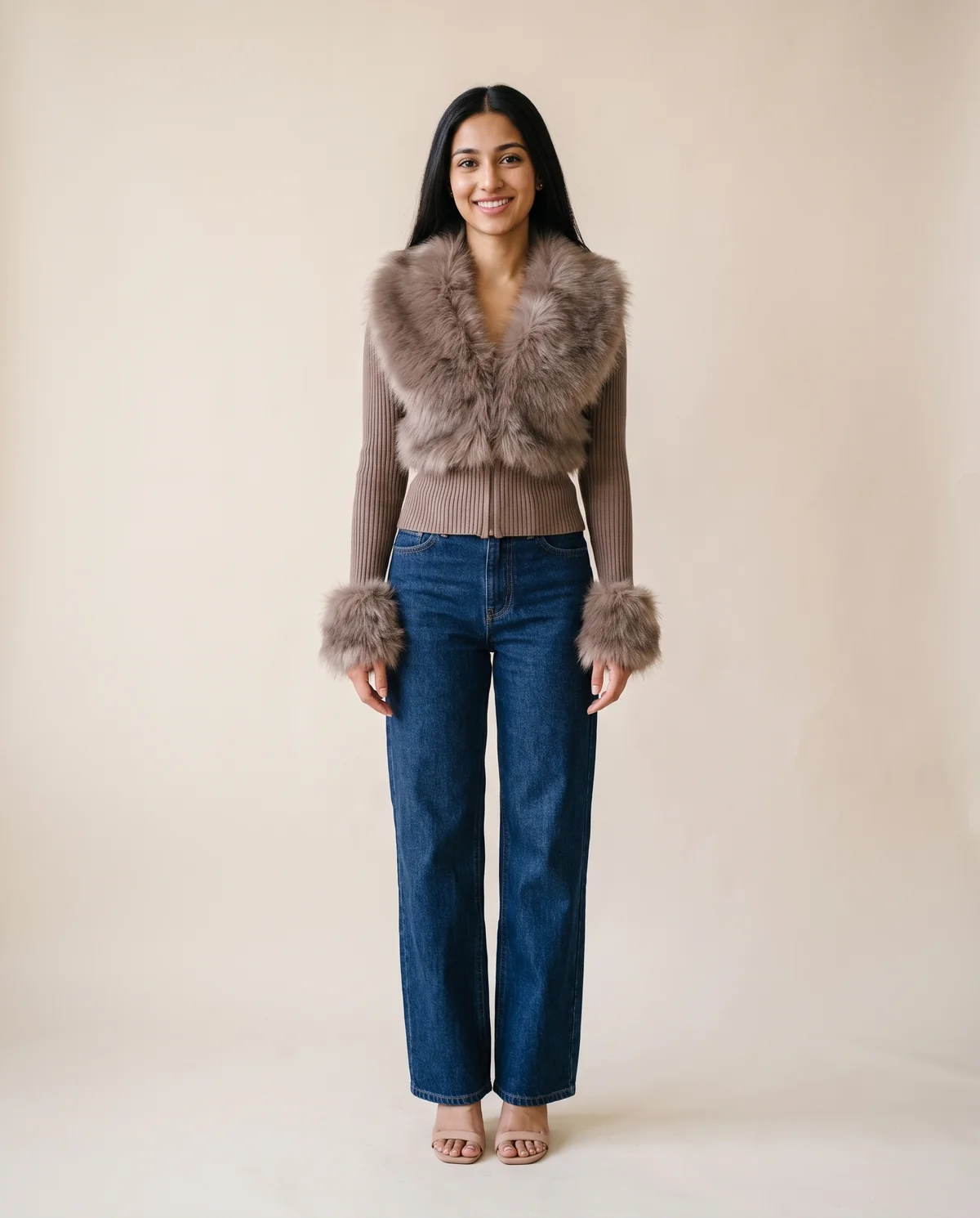Faux Fur Collar Knit Jacket in Taupe, front view, worn by Priya