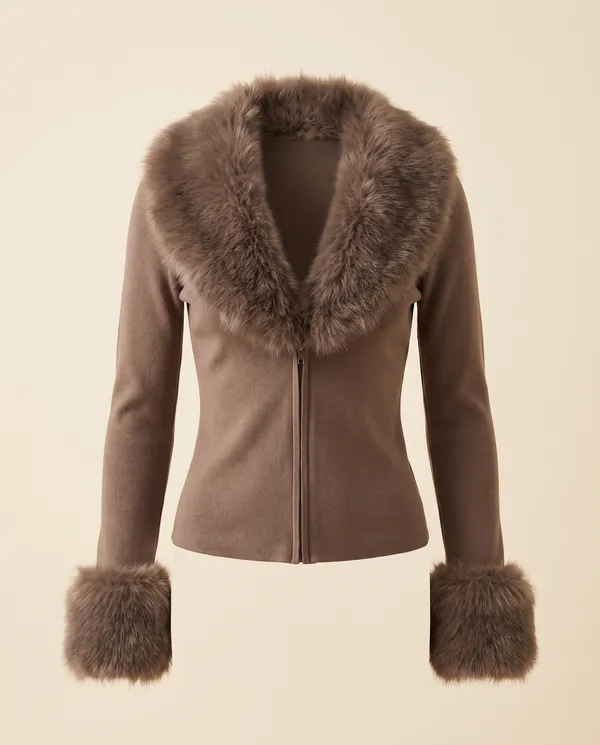 Faux Fur Collar Knit Jacket in Taupe, product shot on a plain background