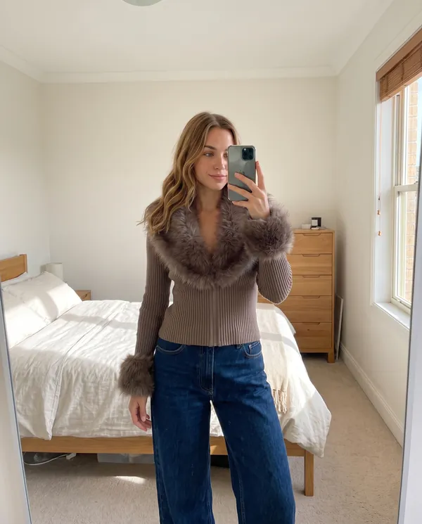 Satin Eve styling: Faux Fur Collar Knit Jacket