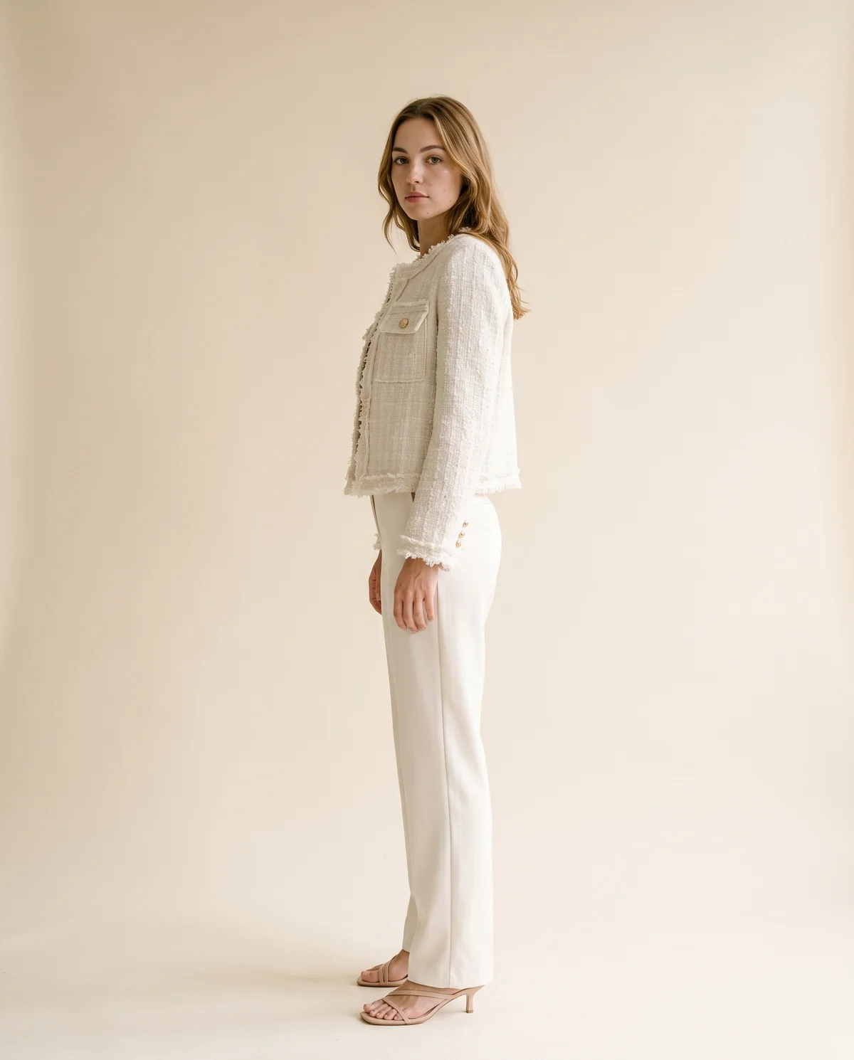 Frayed-Edge Tweed Jacket in Cream, side view, worn by Ava