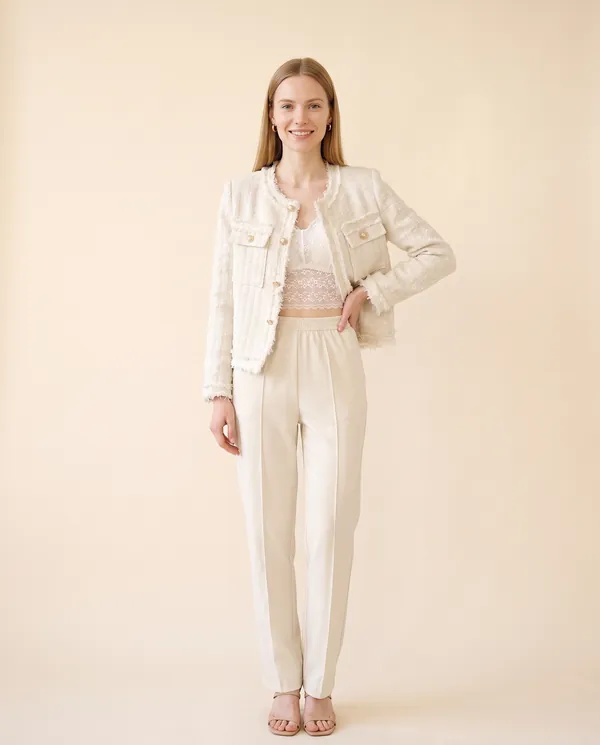 Frayed-Edge Tweed Jacket in Cream, front view, worn by Maya