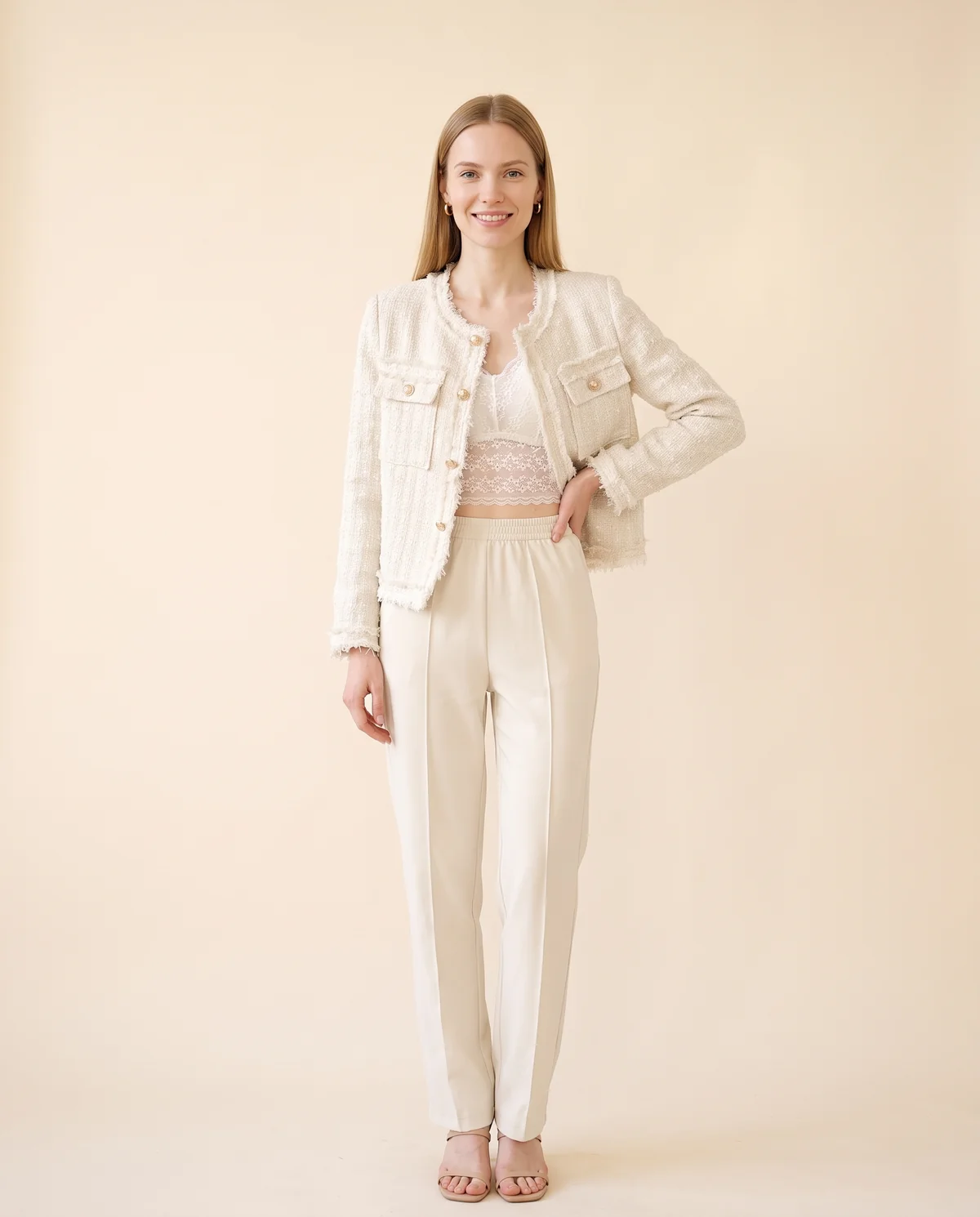 Frayed-Edge Tweed Jacket in Cream, front view, worn by Maya