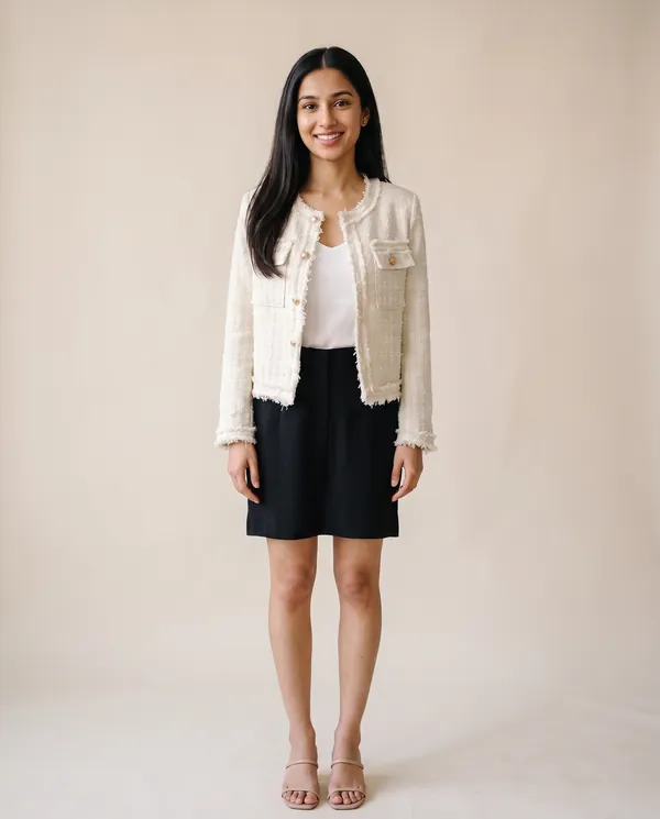 Frayed-Edge Tweed Jacket in Cream, front view, worn by Priya