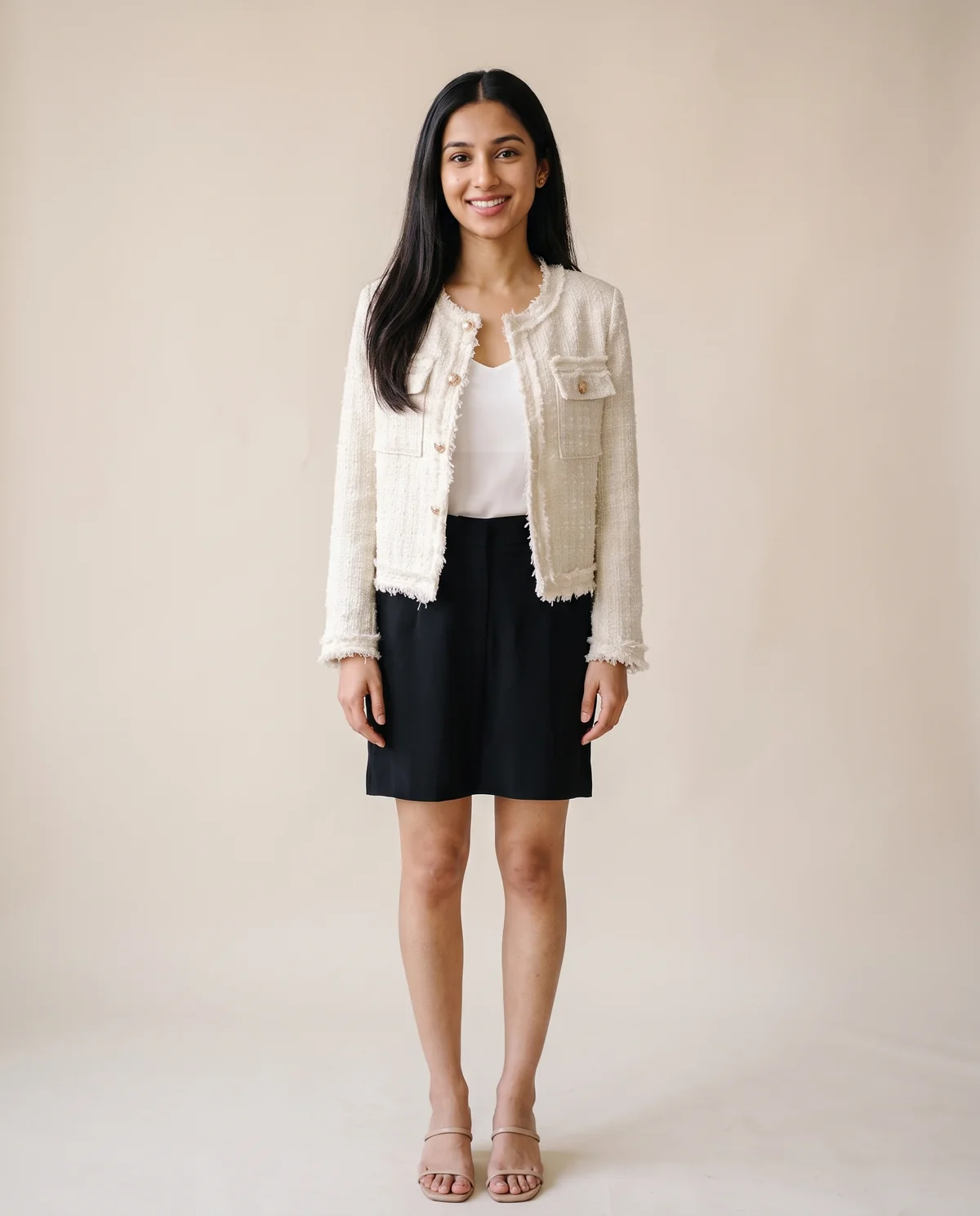 Frayed-Edge Tweed Jacket in Cream, front view, worn by Priya