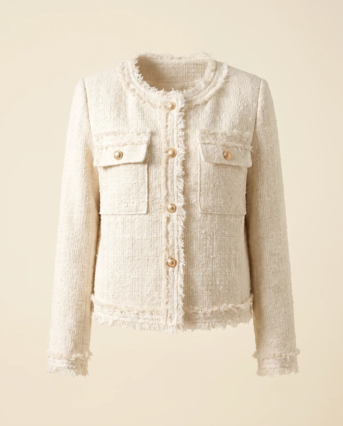 Frayed-Edge Tweed Jacket in Cream, product shot on a plain background