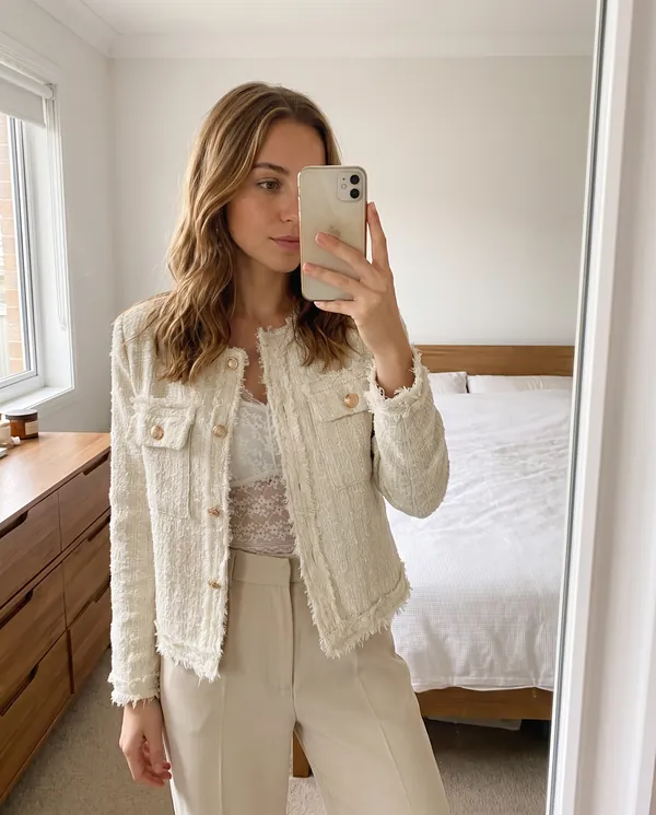 Satin Eve styling: Frayed-Edge Tweed Jacket