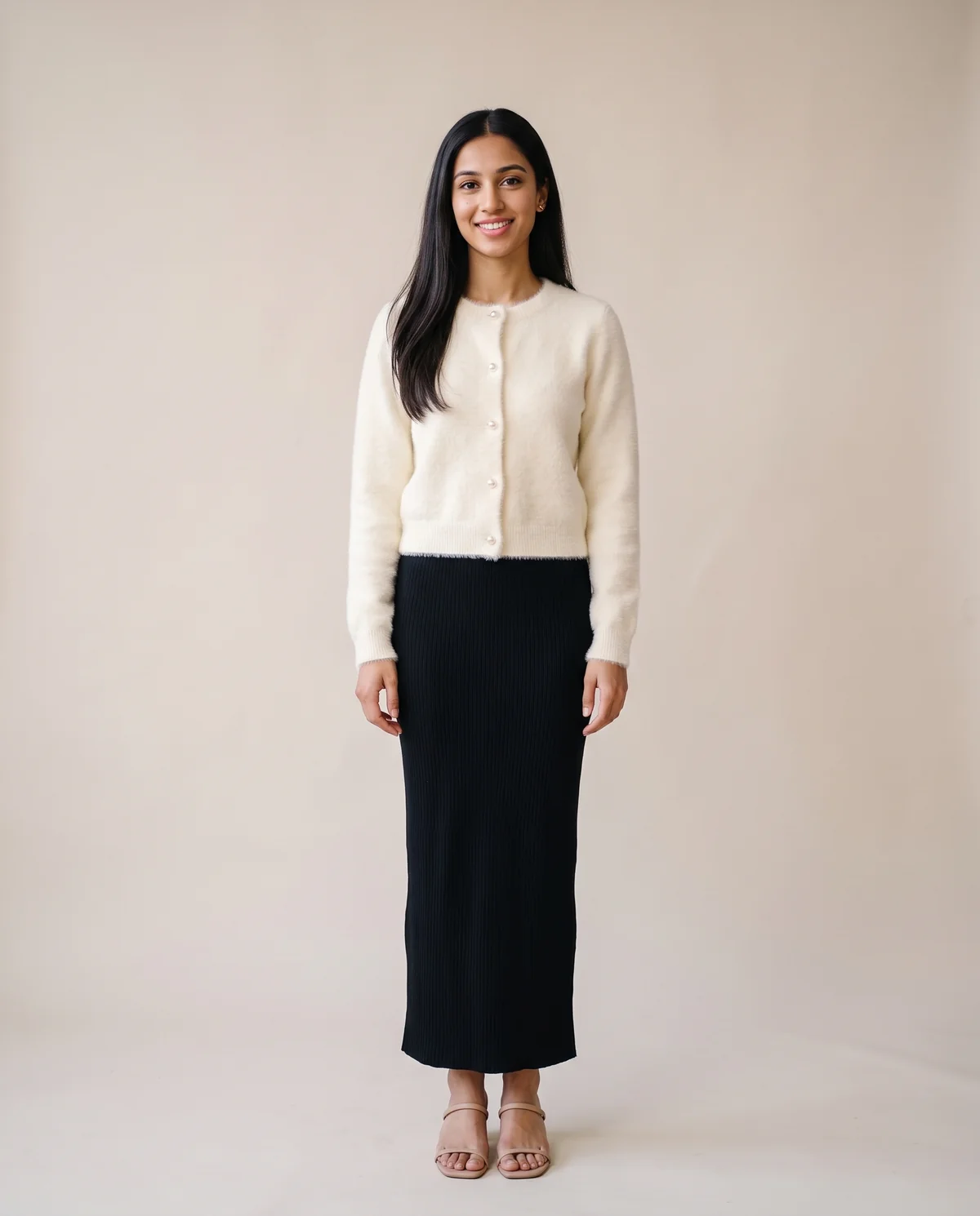 Soft Mink-Look Cardigan Jacket in Cream White, front view, worn by Priya